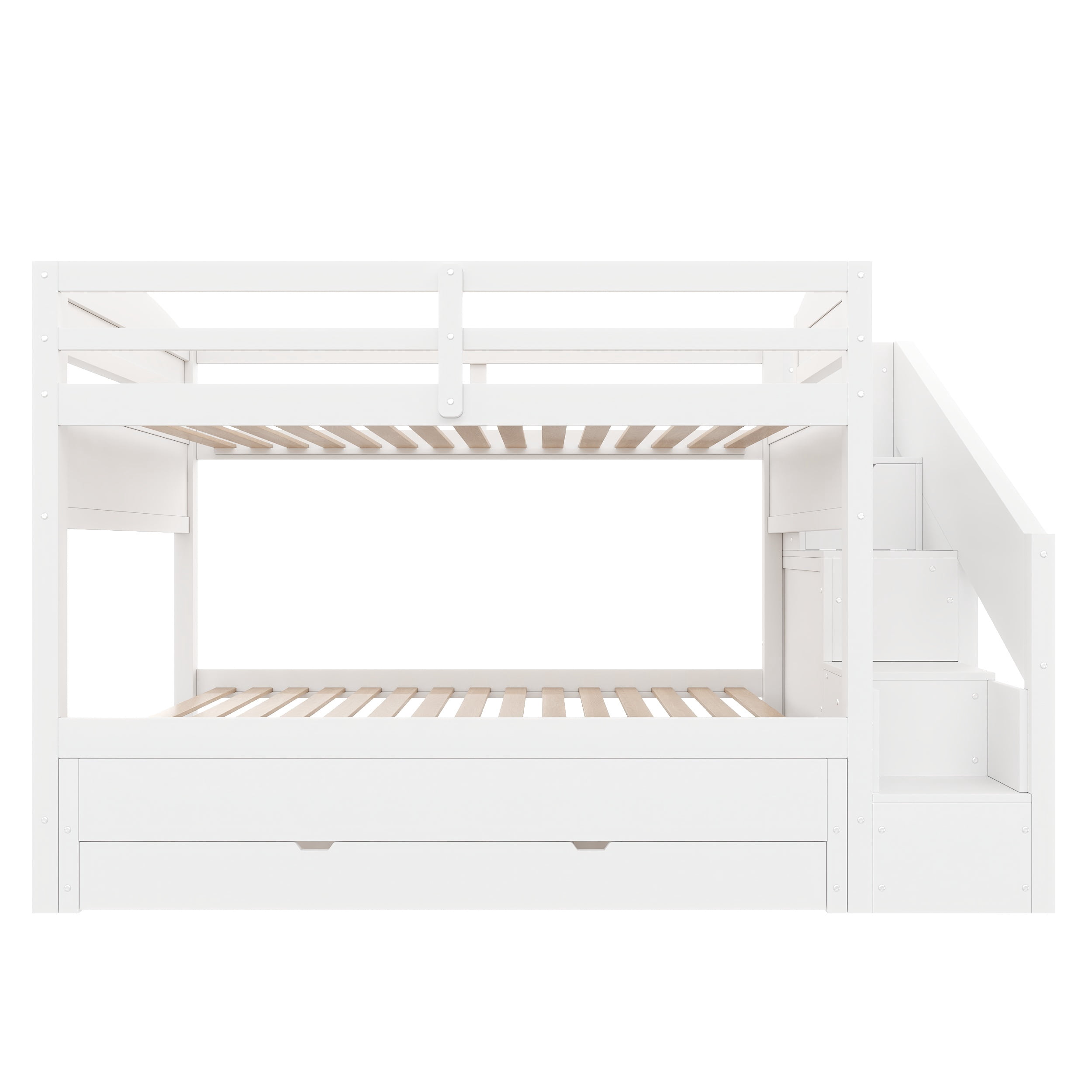 Euroco Wood Twin XL over Twin XL Bunk Bed with Trundle and Drawers,Storage Staircase and Wardrobe, White