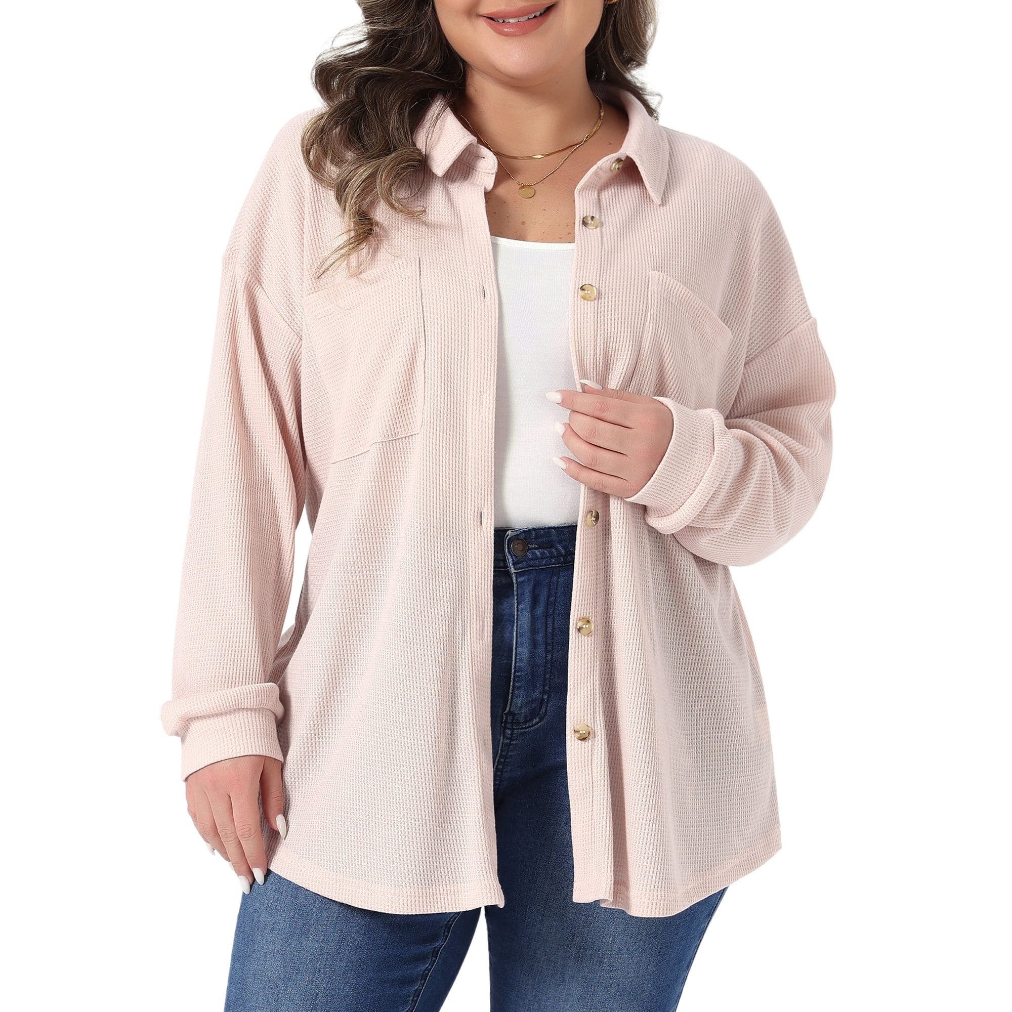 DARING DIVA Women's Plus Waffle Knit Shirt Long Sleeve Button Down Jacket 3X Gray Pink