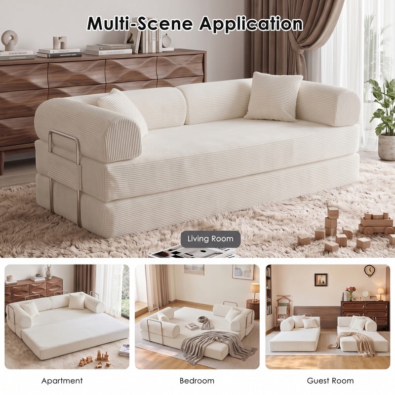 Anpport 78.8" Compression Boneless Sectional Sofa, Convertible Floor Sleeper Bed with Pillow Back Armrest, Corduroy Fabric, White, for Living Room Bedroom