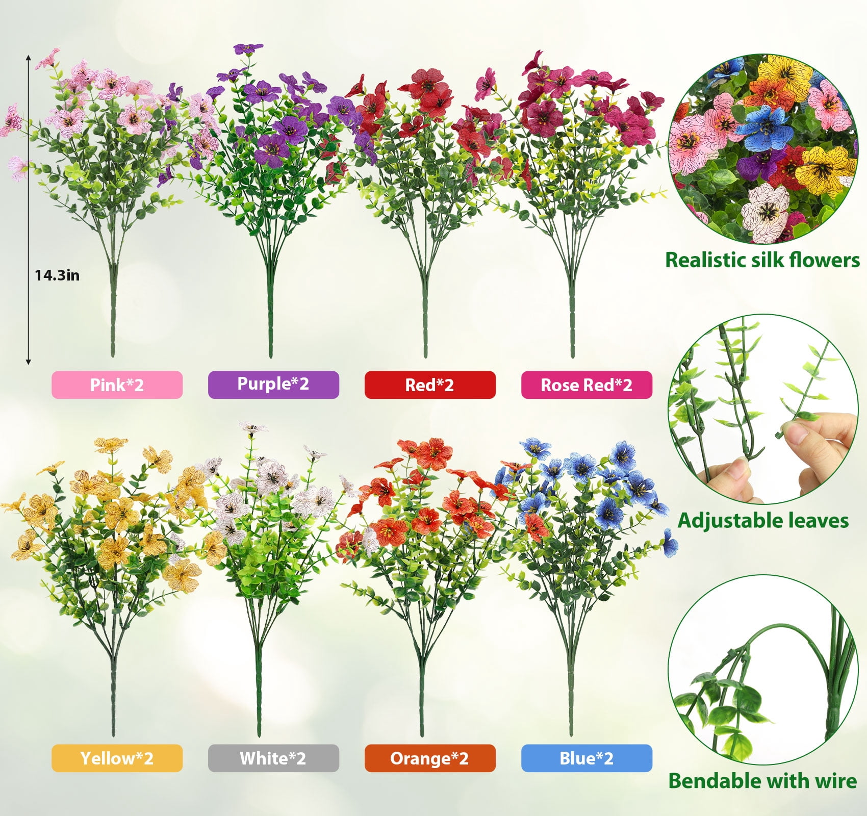 Scidweet Artificial Flowers Outdoors, 16 Bundles Faux Fake Flowers Plant for Home Porch Garden Window Box Summer Decoration, MultiColor