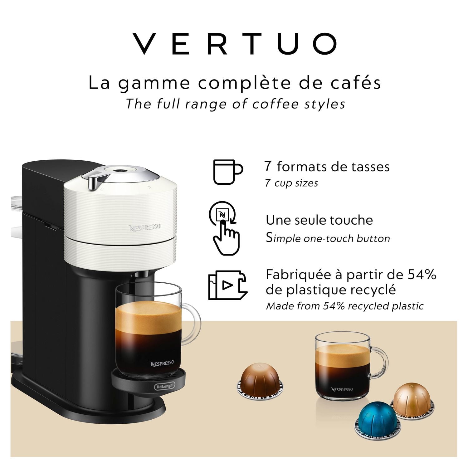 Machine à café et espresso Vertuo Next de Nespresso par De'Longhi, Blanc 7 formats de tasses