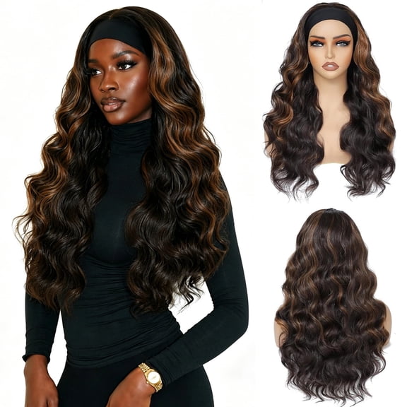 QUEENTAS Headband Wig for Women 24 Inch Glueless Ready to Wear – Long Wavy Loose Wave Pre-Plucked Natural Hairline Heat Resistant Synthetic Wig (Black Mixed Blonde)