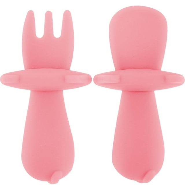 DEBGFS Toddler Utensils Set Self-Feeding Silicone Baby Utensils Anti-Choke BPA-Free Baby Fork and Spoon Set with Protective Choke Barriers for Baby Toddler Led Weaning Ages 6 Months Up,pink