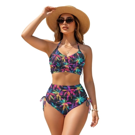 Garronmavis Women's 2 Piece Bikini Set Tropical Palm Print High Waisted Tummy Control Swimsuits Twist Front Crisscross Tie Back Adjustable Side Tie Bathing Suit Swimwear