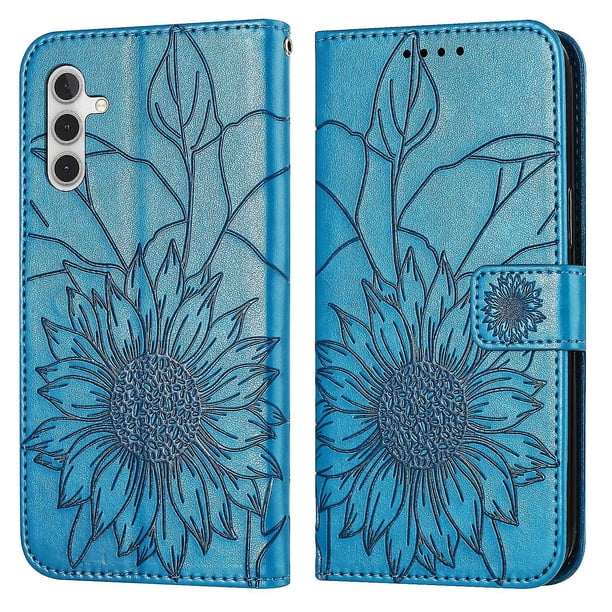 Funda tipo cartera con girasol grabado para Samsung A34 5g, multifuncional, elegante y con protección total.