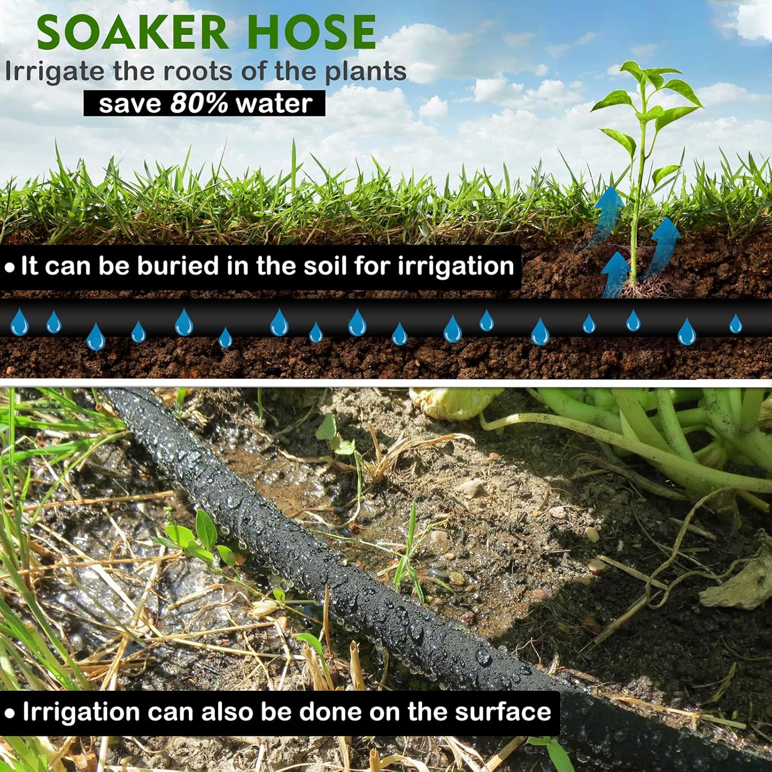 50FT Heavy Duty Rubber Soaker Hose 1/2" with Drip Irrigation Fittings Kit, 80% Water Saving Garden Drip Hose with Brass Fitting, Consistent Drip Throughout Hose (50FT)