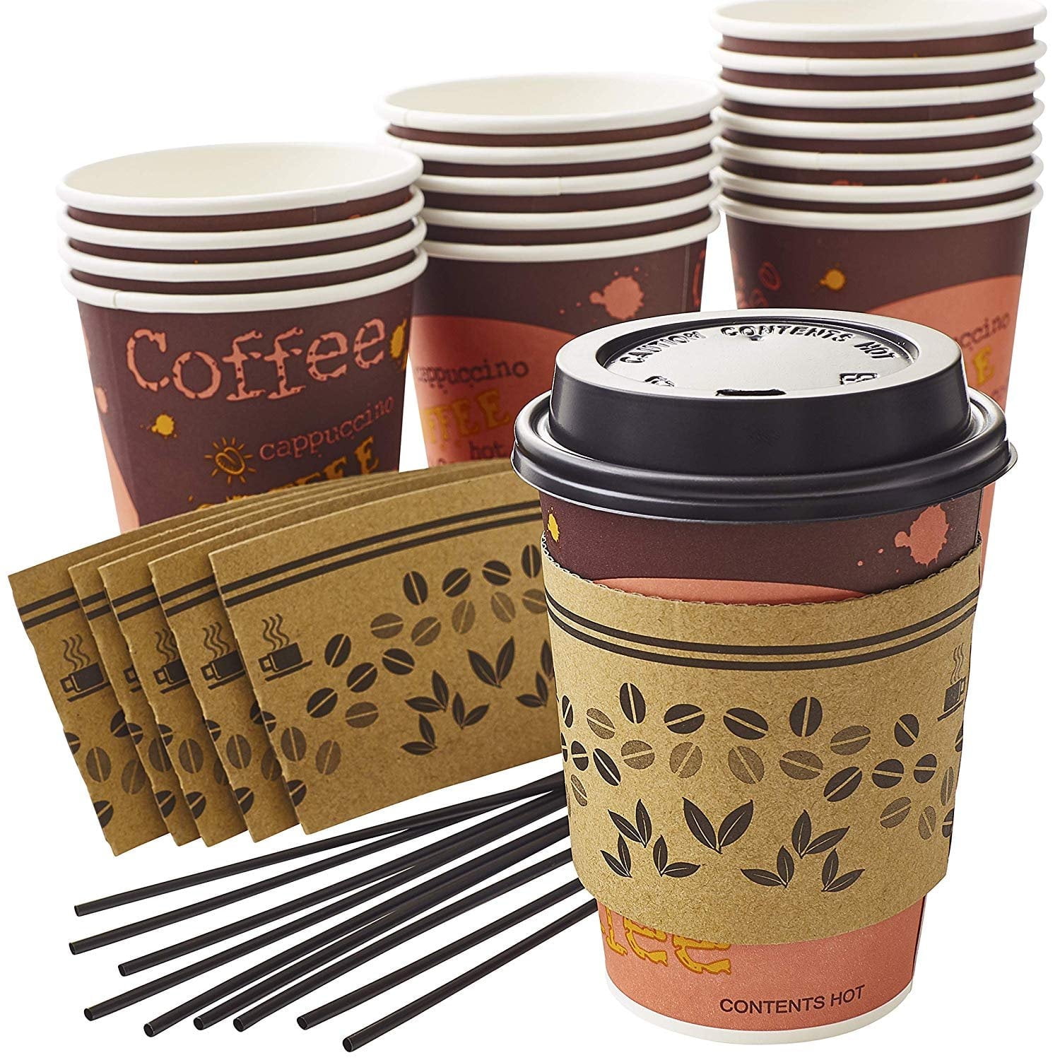Avant Grub 12 oz. Orange Disposable Coffee Cup Set with Sleeves Stirrer Lids 50Pk.