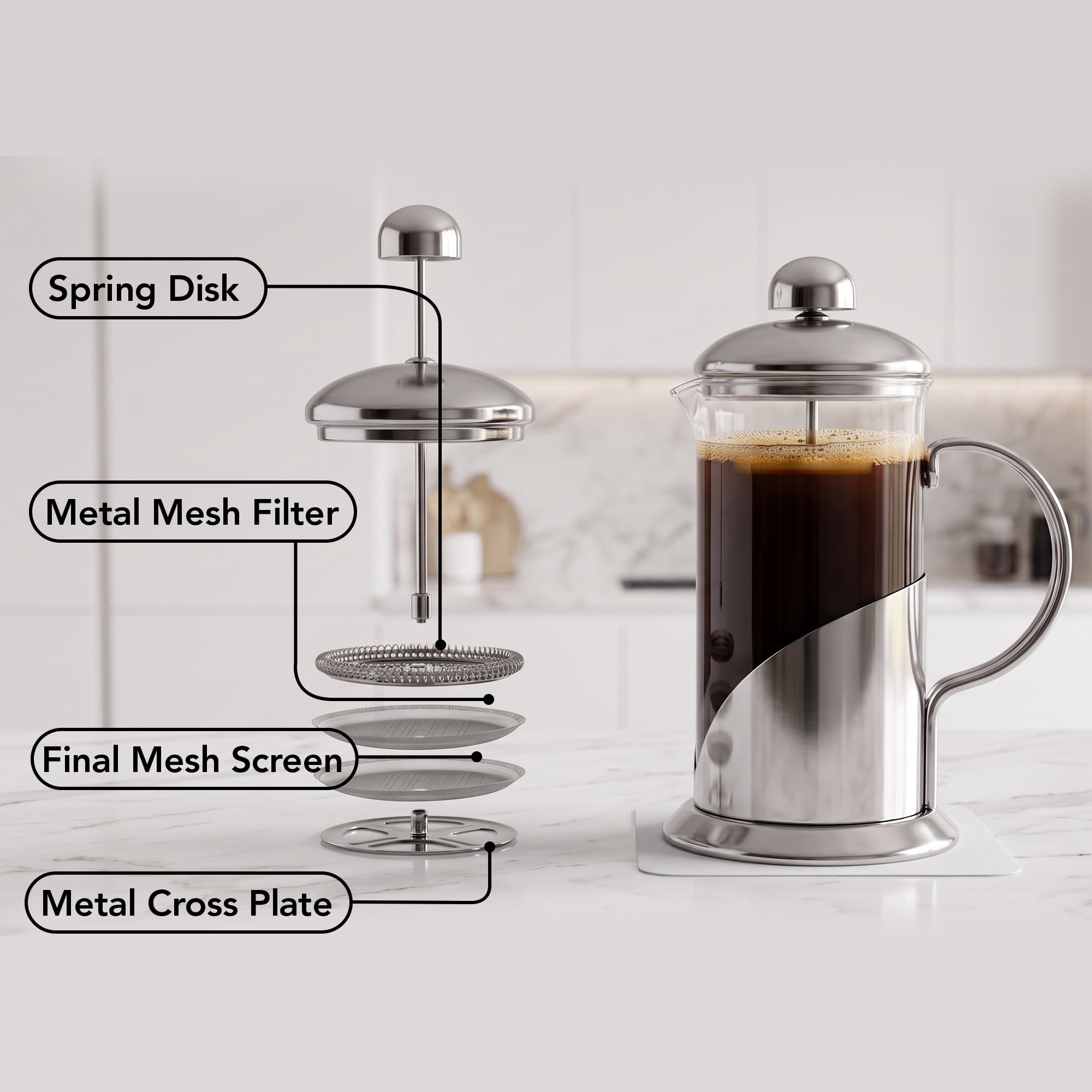 OVENTE French Press Coffee Maker 12 Ounce, 4 Level Stainless Steel Filter System & Heat Resistant Borosilicate Glass, Scoop included, Silver FSL12S