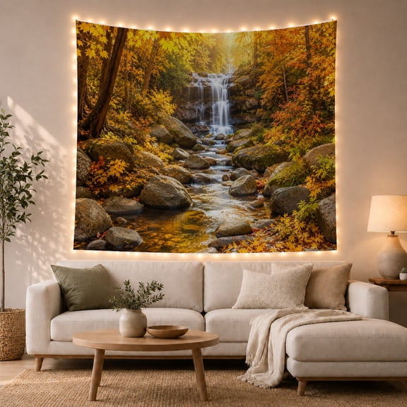Autumn Forest Waterfall with Rocky Creek, Serene Rustic Style for Nature Lovers, Landscape Wall Art, Housewarming Gift, Tapestry Wall Hanging for Bedroom and Living Room