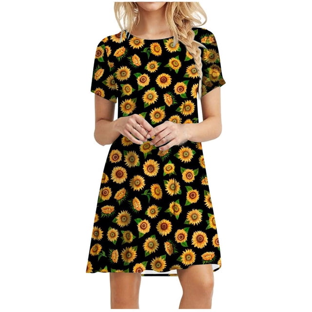 Ichuanyi Womens Swimsuits Clearance Women's Casual Plain Loose Short Sleeve Loose Dress Floral Print Sunflower Print Dress Ichuanyi Ichuanyi