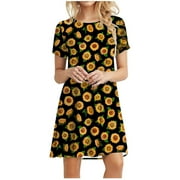 Sunflower Dresses for Women Women's Casual Plain Loose Short Sleeve Loose Dress Floral Print Sunflower Print Dress