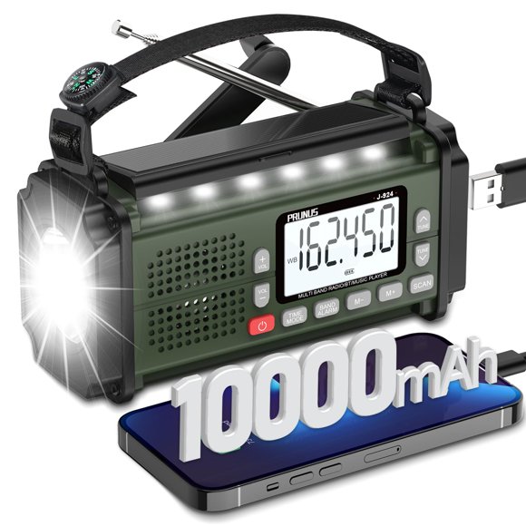 Radio de emergencia PRUNUS J-924 de 10000 mAh con batería externa y luz