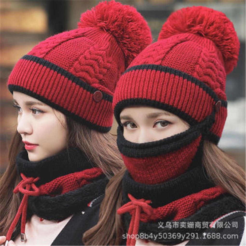 2021 New 3 Pieces Set Women's Knitted Hat Scarf Caps Neck Warmer