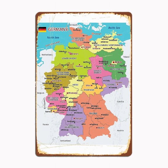 Administrative Map of Germany Metal Sign Mural Painting Cinema Living Room Cinema Funny Tin Poster Retro Home Tavern Size: 8 x 12 Inches