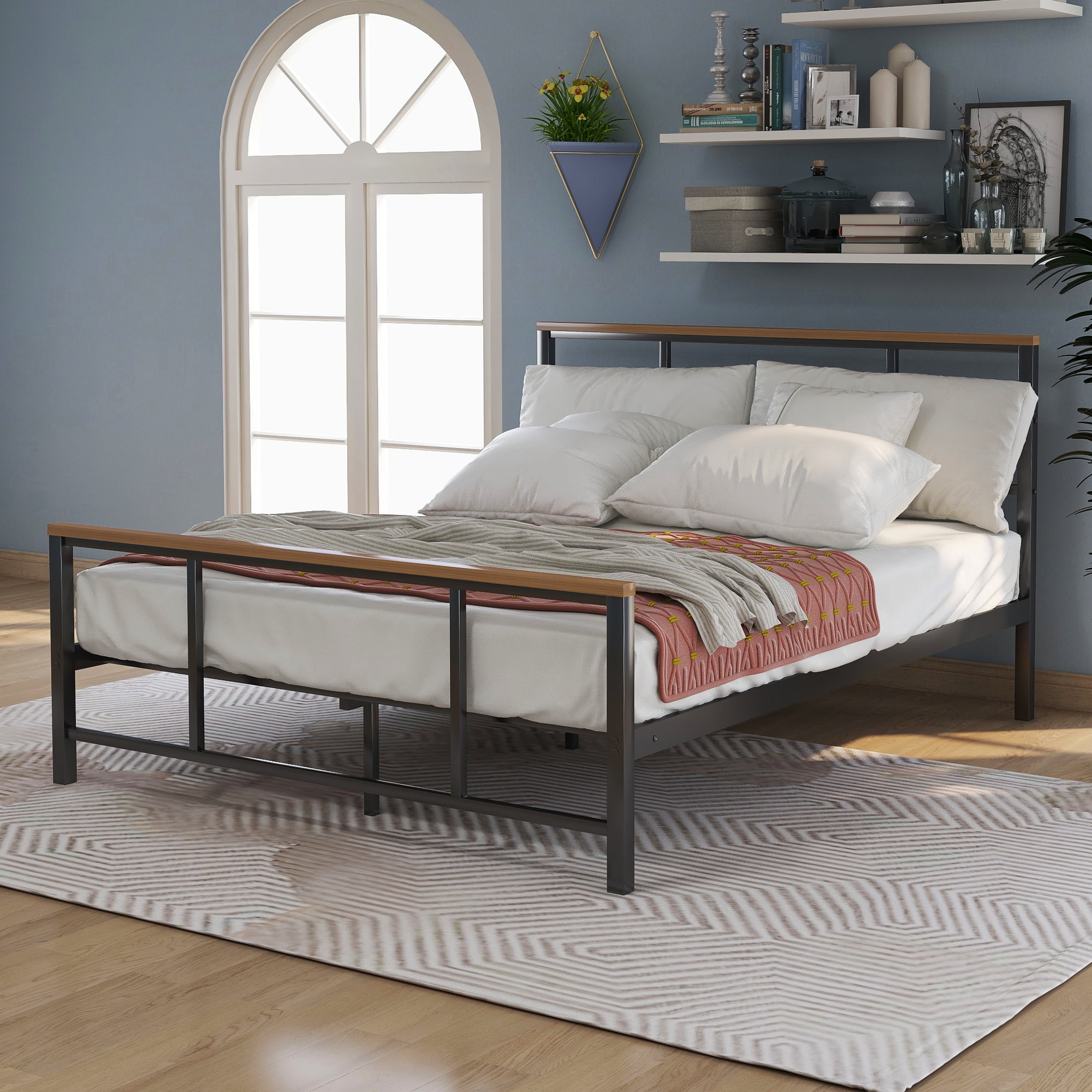 Kepooman Modern Full Size Metal Bed Frame with Wood Decoration, Platform Bed with Headboard and Footboard, Black Kepooman Modern Full Size Metal Bed Frame with Wood Decoration, Platform Bed with Headboard and Footboard, Black