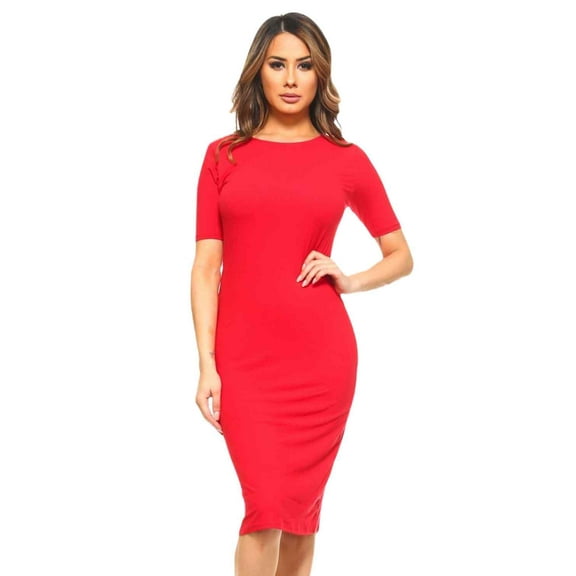Lady's Short Sleeve Crew Neck Midi Bodycon Dress, Crimson, S