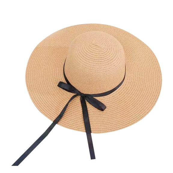 AWZXDE Women Big Brim Straw Hat Sun Floppy Beach Hats For Women Wide Brim With Bowknot Folding For Summer And Travel Khaki