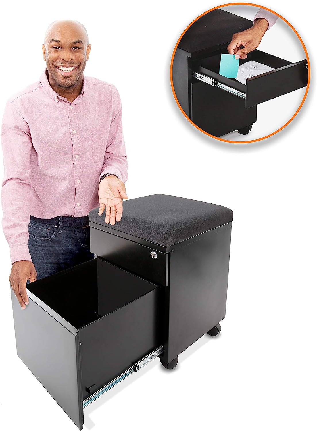 Stand Steady Vert | Rolling File Cabinet | 2 Drawer Mobile File Cabinet with Locking Storage | Small Filing Cabinet with Cushion Top for an Extra Place to Sit | Perfect for Home & Office! (Black) - image 3 of 8