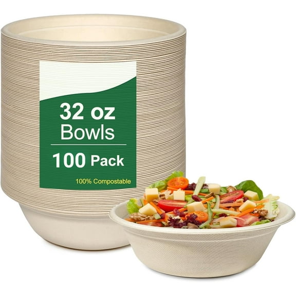 100 Pack 32oz Paper Bowls Heavy-Duty,Disposable Bowls for Hot Soup,Biodegradable Compostable Bagasse Paper Bowls