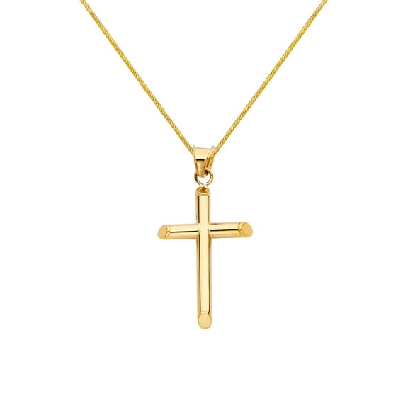 Wellingsale 14k Yellow Gold Polished Classic Religious Cross Charm Pendant with 0.9mm Braided Wheat Chain Necklace - 16"
