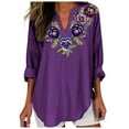 thumbnail image 1 of TSADFHJI Ladies Tops for Fall Awareness Shirts Women Linen Button down Shirt Oversized V Neck Roll up Sleeve Blouses Tops M Purple, 1 of 4