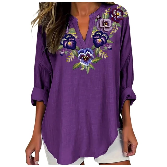 TSADFHJI Ladies Tops for Fall Awareness Shirts Women Linen Button down Shirt Oversized V Neck Roll up Sleeve Blouses Tops M Purple