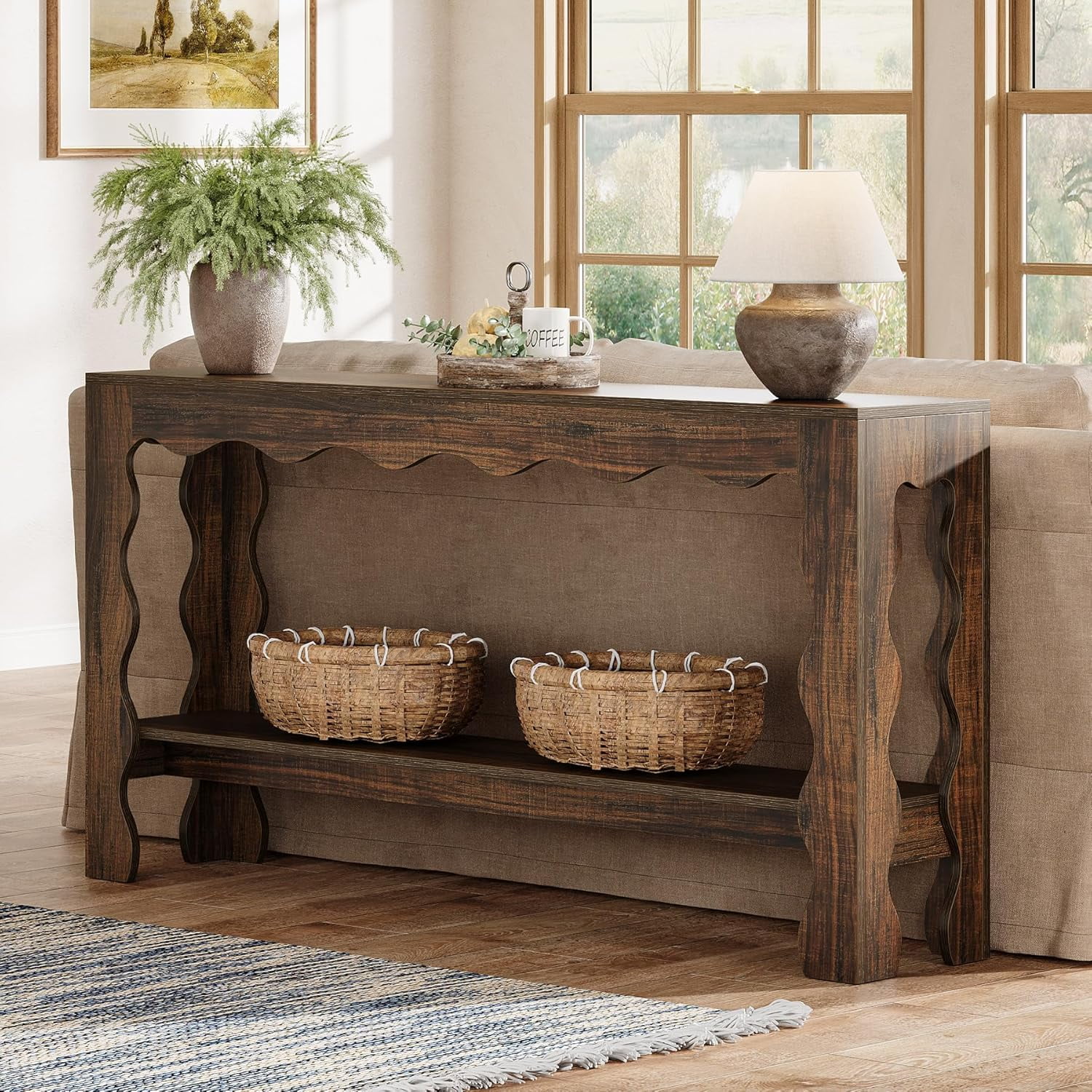 63" Console Table, 2-Tier Narrow Entryway Table for Hallway, Living Room, Light Brown