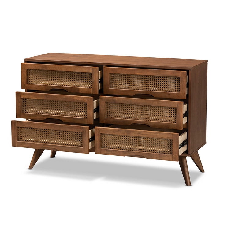Baxton Studio Barrett 6-Drawer Dresser, Mid-Century Modern, Walnut Brown Finished Wood and Synthetic Rattan