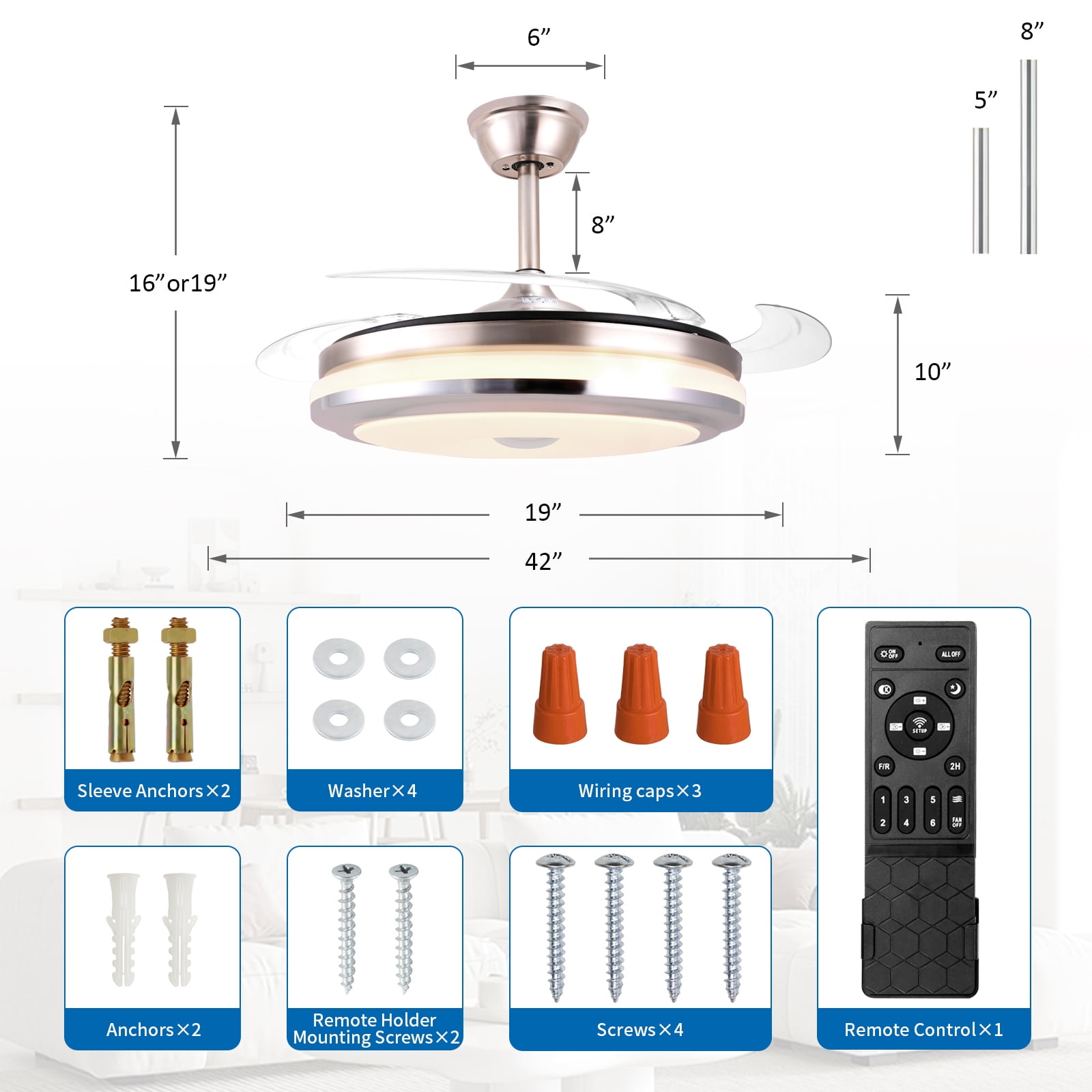 RJFKSNC 42" Smart Retractable Ceiling Fan with Light and Remote, Dimmable LED Fandelier, 6-Speed Reversible DC Motor, Brushed Nickel