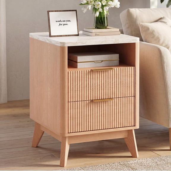 Atilioo Fluted Nightstand with Charging Station, Wood Bedside Table with USB Ports and Outlets, Storage Shelf with 2 Drawers for Bedroom Living Room