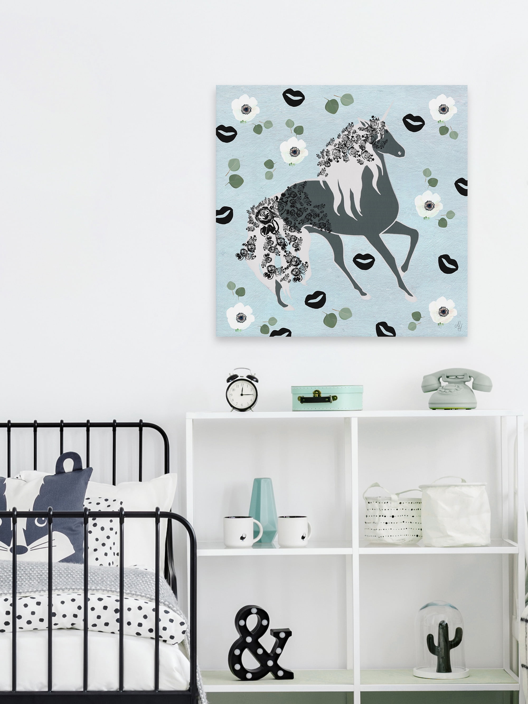 Marmont Hill Black Floral Unicorn Canvas Wall Art