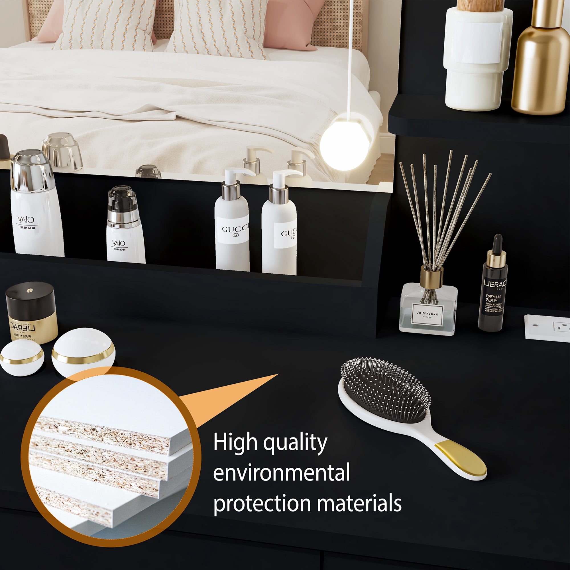 Vanity Desk with Mirror and Lights, Makeup Desk with Power Outlet Drawers Cabinet Stool, Vanity Table 3 Color Modes Adjustable Brightness Dressing Table Set for Bedroom
