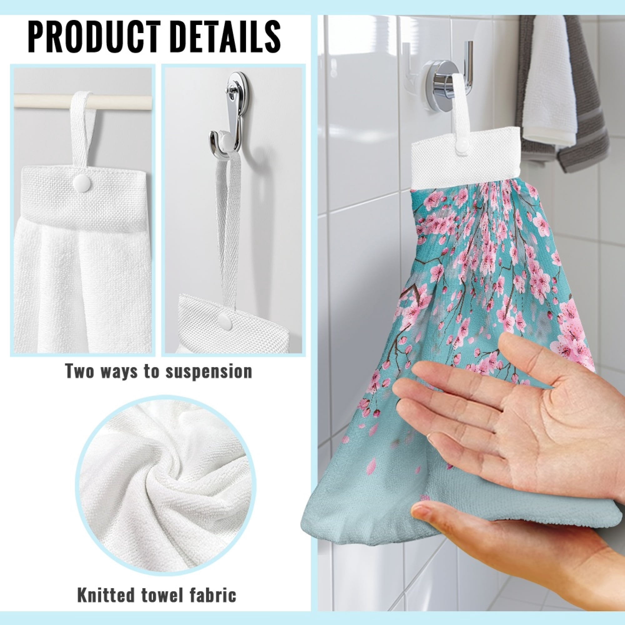 ZIATUBLE Cherry Blossom Kitchen Hanging Towels Absorbent Hanging Dish Towels with Snap Button Kitchen Hand Towels and Washcloths Quick Dry Dish Towel Hand Towels Home Decor