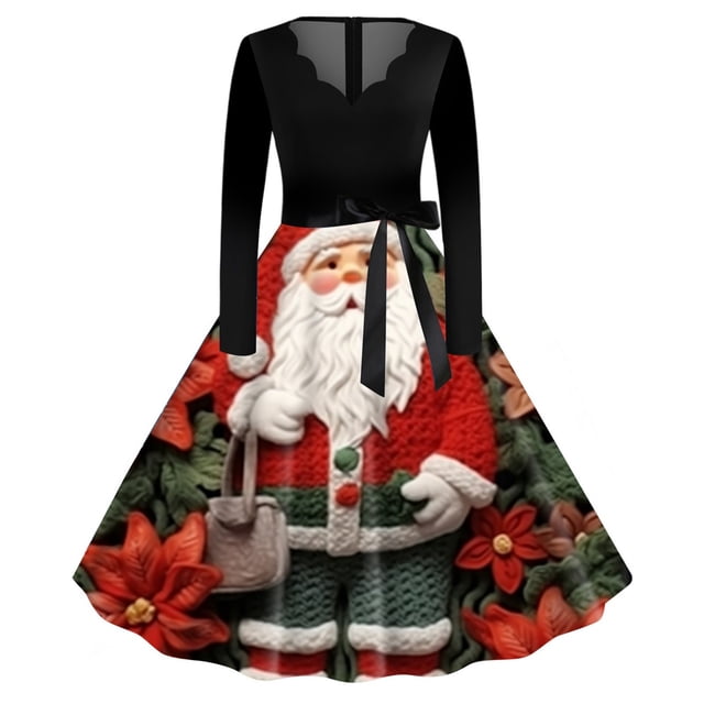 Robe Décontractée Évasée pour Femme Col Rond Manches Longues Imprimée Fête Noël Chandail Fluide Confortable Élégante Stylée