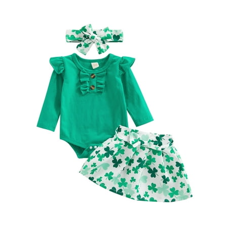 

Infant Toddler Baby Girl St Patricks Day Outfits Long Sleeve Romper Green Bodysuit Clover Skirt Headband 3Pcs Outfits