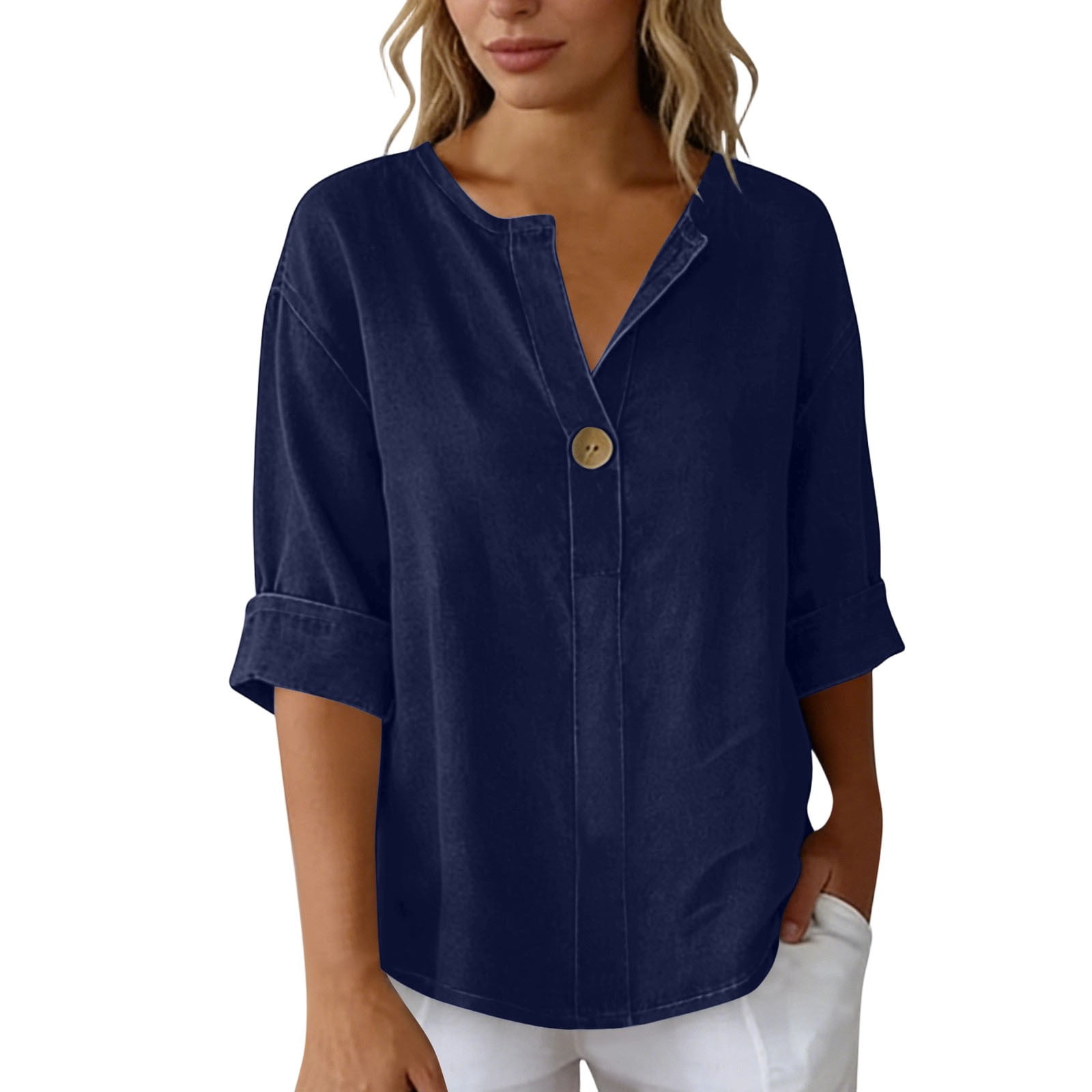 YHAJDS Women's T-Shirts Solid Color V Neck 3/4 Sleeve Relaxed Fit Casual Everyday Top