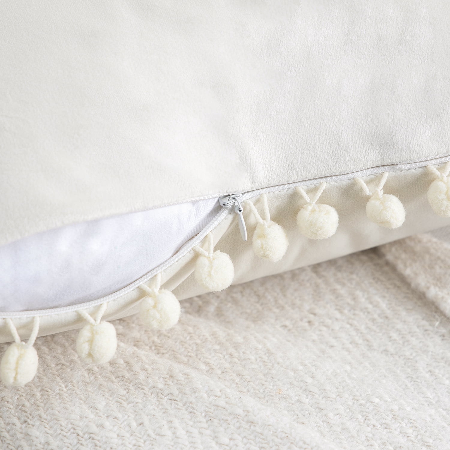Phantoscope Pom Pom Velvet Series Decorative Throw Pillow, 22" x 22", Off-White, 2 Pack
