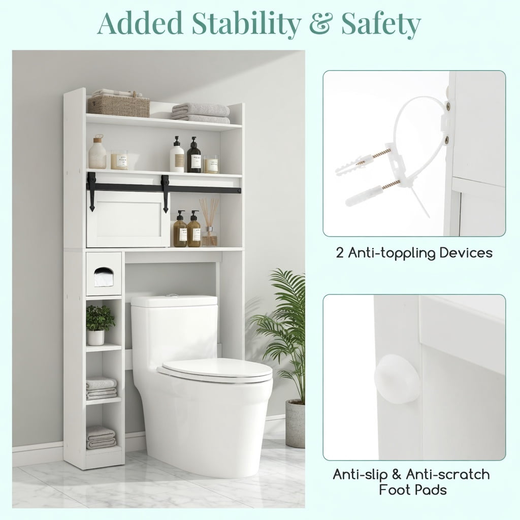 Hommoo Over-the-Toilet Storage Cabinet with Sliding Barn Door, Adjustable Shelves & Toilet Paper Holder, White