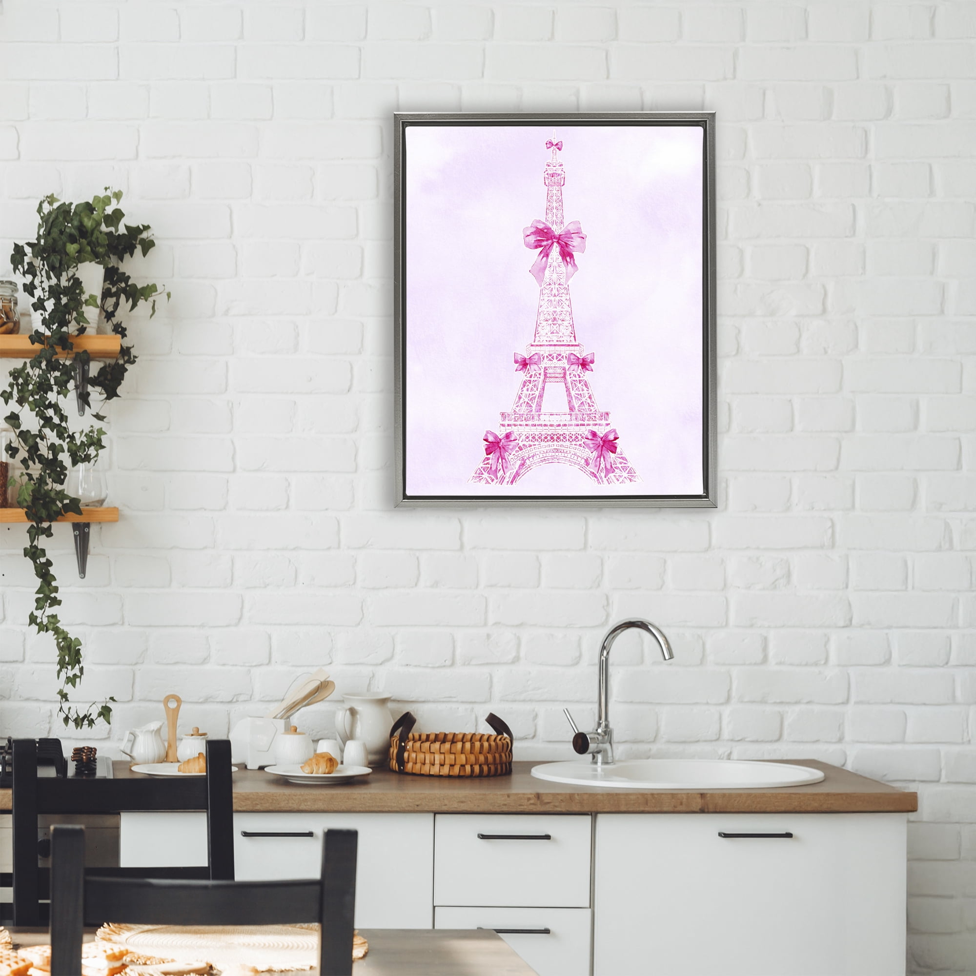 Stupell Industries Ribbon Bedecked Eiffel Tower Gray Framed Floater Canvas Wall Art, design by Ziwei Li