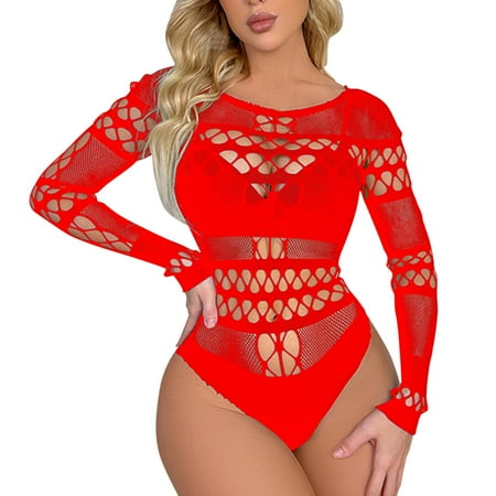 Ploknplq Bodysuit Shapewear Womens Underwear Body Suits for Womens Women Lingerie Long Sleeves Bodysuit Sexy Mesh Teddy Underwear Crotchless Bodysuit One Piece Babydoll Sleepwear Red One Size