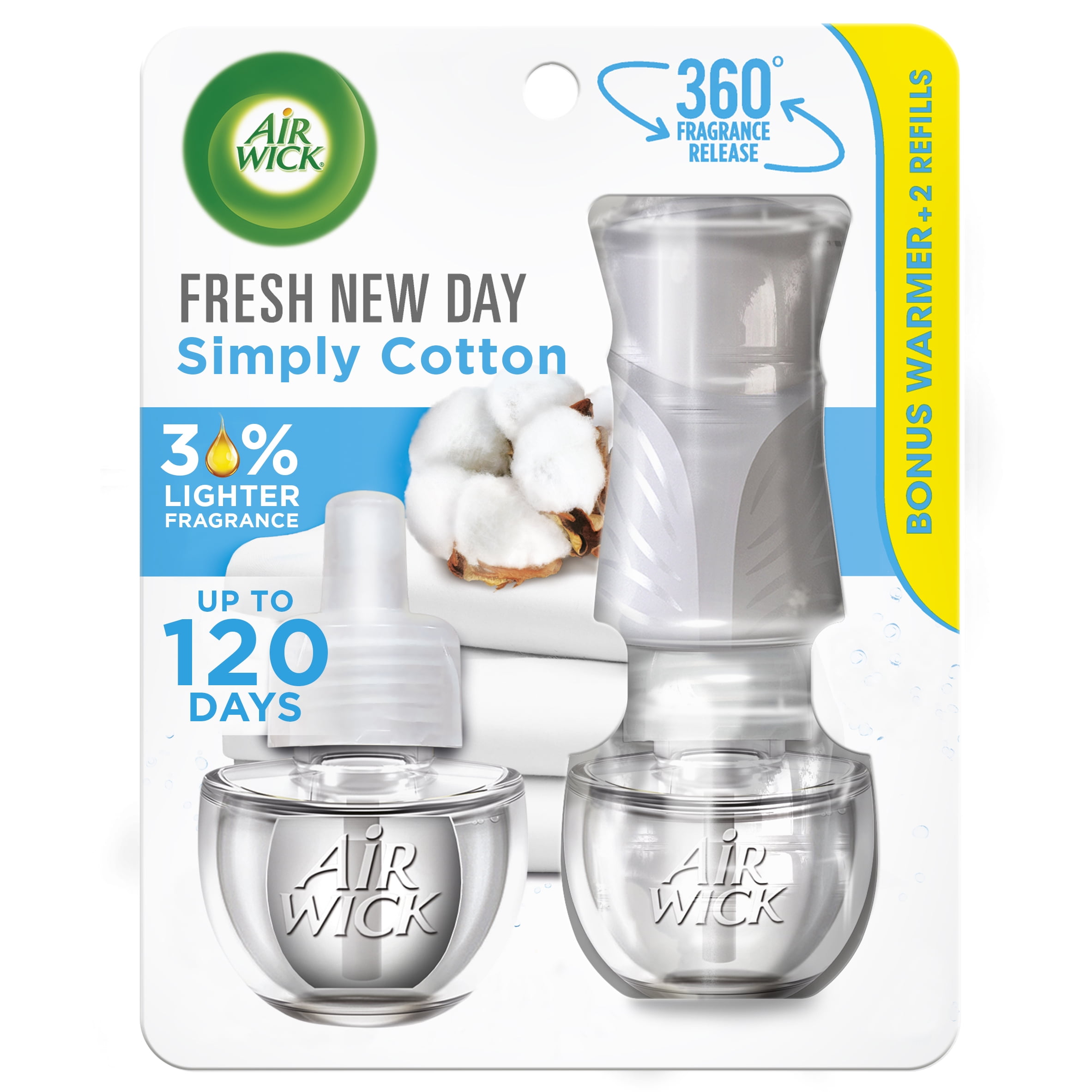 Air Wick Plug in Scented Oil Starter Kit (Warmer + 2 Refills), Fresh New Day Simply Cotton, Air Freshener, Essential Oils, Spring Collection