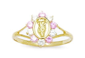14k Yellow Gold Pink Cubic Zirconia Size 5.5 Virgin Mary Childrens Ring by
