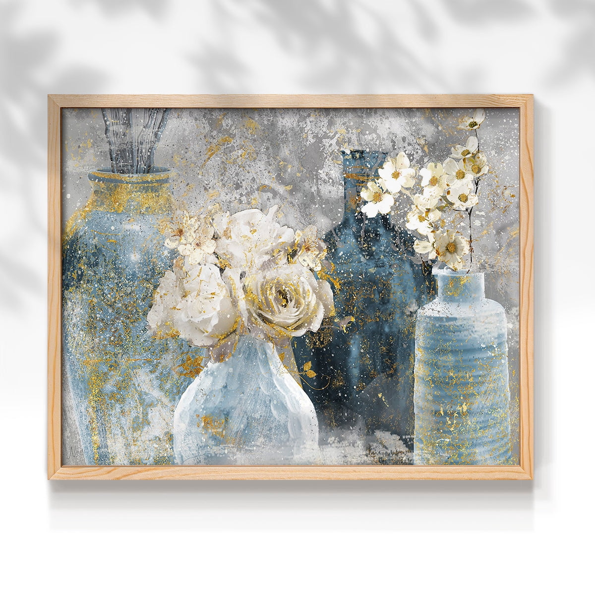 Vessels and Blooms Blues by Nan - Restickable Framed Giclée Print