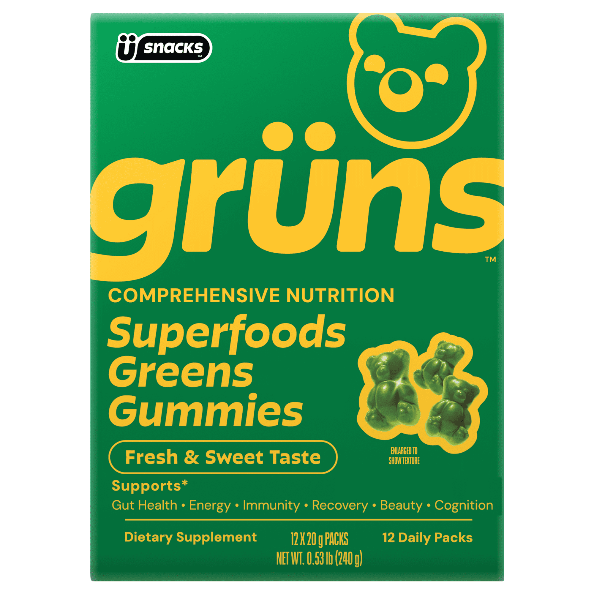 (2 pack) Gruns Adult Superfood Greens Gummies, with 60 Organic Ingredients, 21+ Vitamins & Minerals, Prebiotics and Fiber for Digestion, Adaptogens, Spirulina & Chlorella, 12 Servings