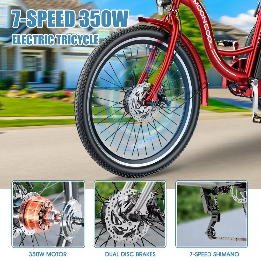 Docred 24'' Adult Electric Tricycles 3 Wheel Electric Bike, 15.5 mph 350W Electric Trikes for Seniors，7-Speed & 4 Adjustable Riding Modes Electric Tricycle with 36V Removable Lithium Battery