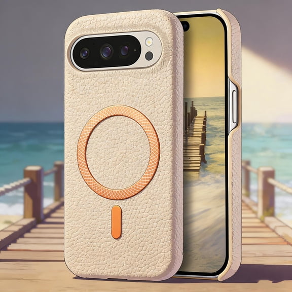 Magnetic Case for Google Pixel 9 / 9 Pro with Built-in Magnetic Ring, Wireless Charging PU Leather Hard PC Bumper Slim Shockproof Protective Cover for Google Pixel 9 / 9 Pro, Khaki