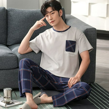 

QWZNDZGR Plus Size 5XL Summer Elegant Men Pyjamas Knited Cotton Pajamas Sets Long Pants Sleepwear Pyjamas Nightwear Pijamas Homewear PJ