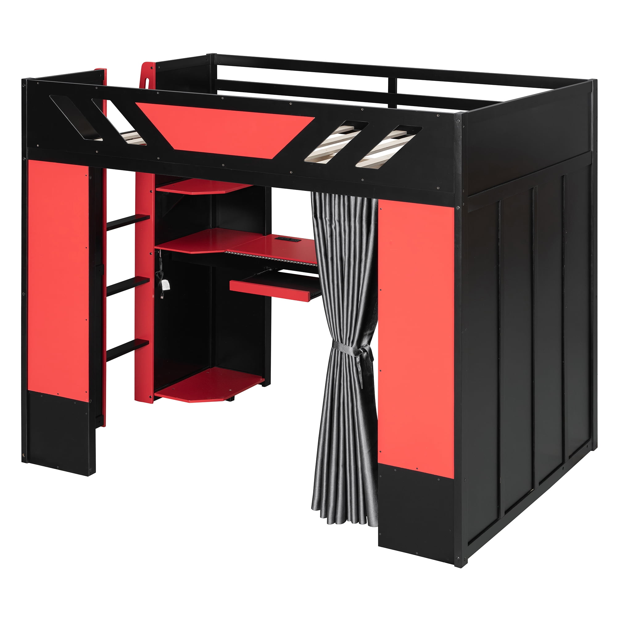Mintazer Full Size Loft Bed with RGB Light & Desk, Cool Gaming Bed with Blackout Curtains & Storage Shelves for Dorm, Apartment, Black & Red
