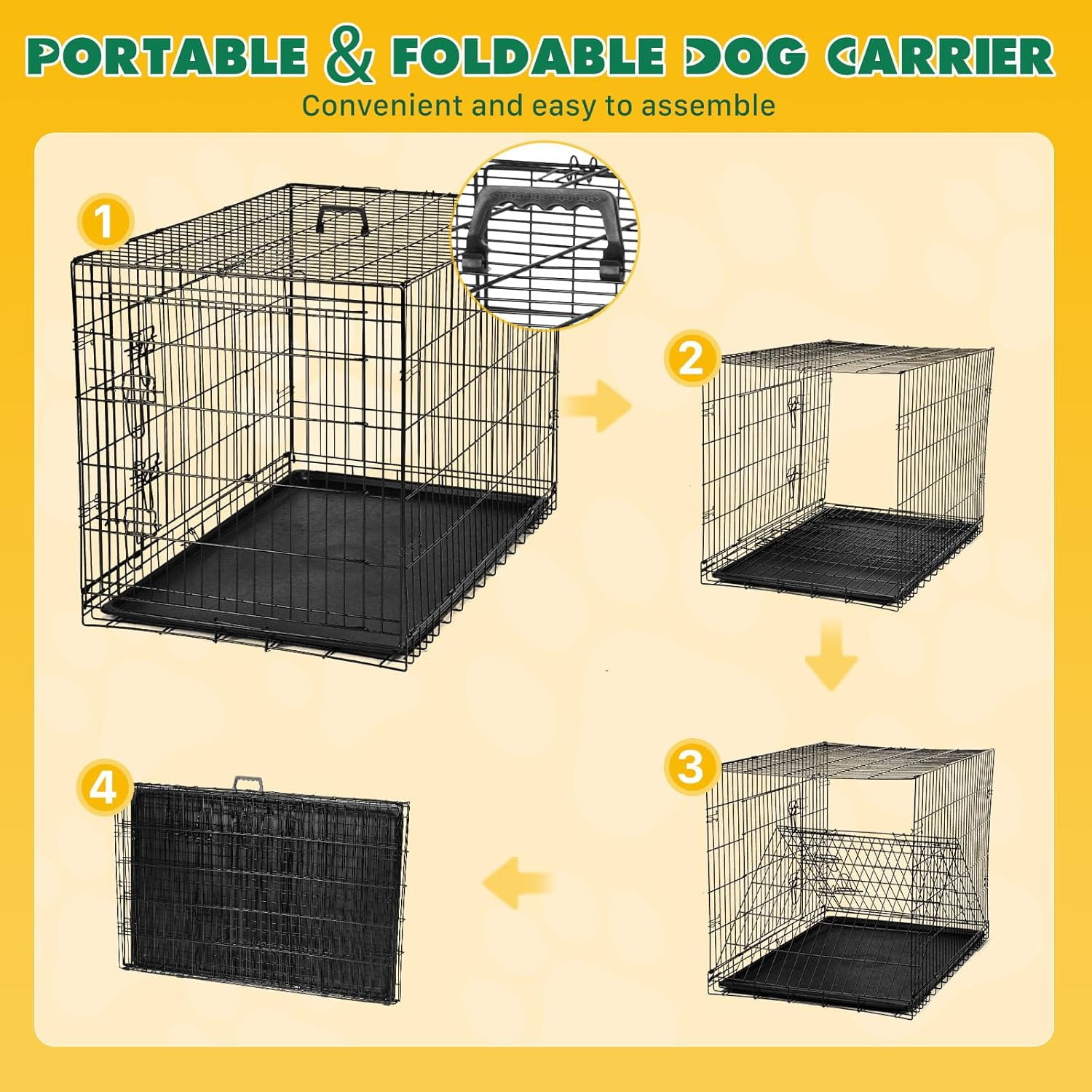 SHOUFTW 36inch Large Dog Crate with Rounded Corners, Double Door Metal Wire Pet Kennel for Indoor Outdoor Travel, Leak-Proof Pan Tray, Black