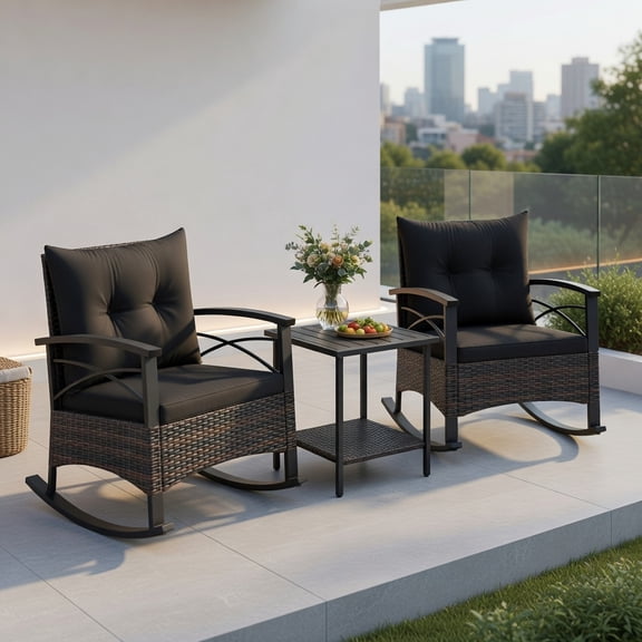 Resenkos 3-Piece Outdoor Rocking Bistro Set – PE Rattan Rocking Chairs with Acacia Wood Table, Beige/Gray/Navy/Black Cushions, Patio Balcony Garden Furniture